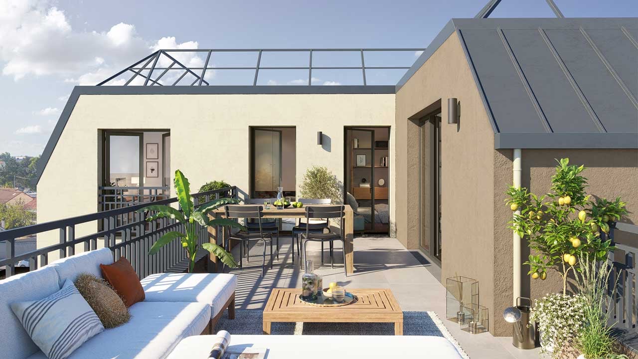 Vue 3D d'une terrasse de la résidence