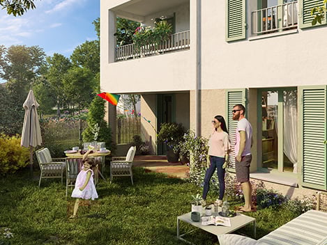 Perspective côté jardin d'un appartement de la résidence Capdau