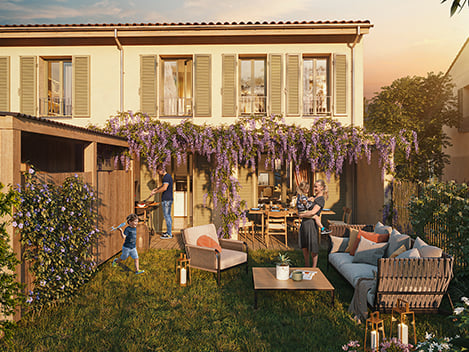 Perspective côté jardin d'une villa de la résidence Capdau