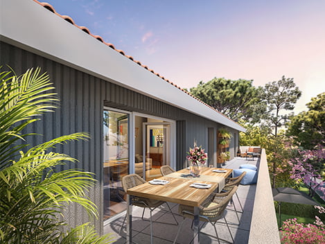 Perspective côté balcon d'un appartement de la résidence Les Jardins de Marguerite