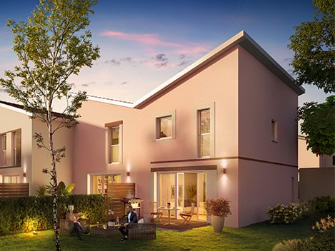 Perspective côté jardin d'une villa de la résidence Les Villas Joan