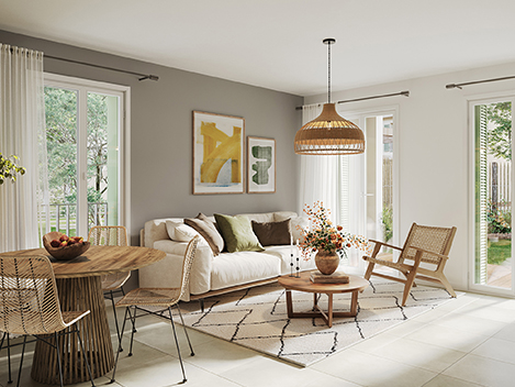 Perspective intérieure d'un appartement de la résidence Capdau