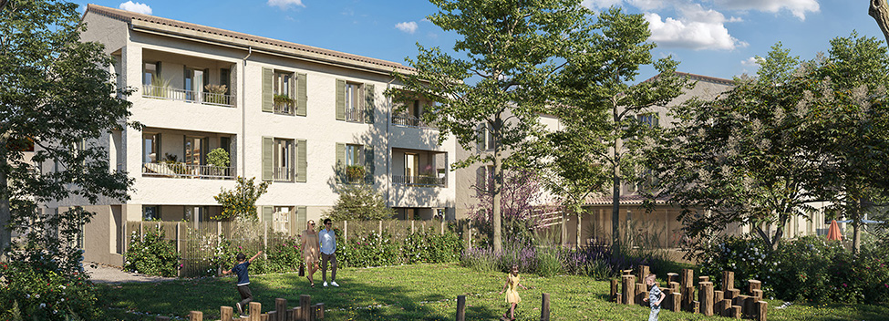 Perspective côté espaces verts de la résidence Capdau