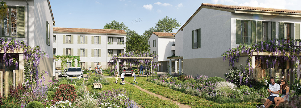 Perspective côté placette de la résidence Capdau
