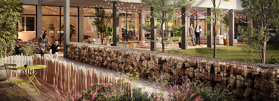 Perspective côté boulodrome de la résidence Dock 54 à La Rochelle Perspective côté boulodrome de la résidence Dock 54 à La Rochelle