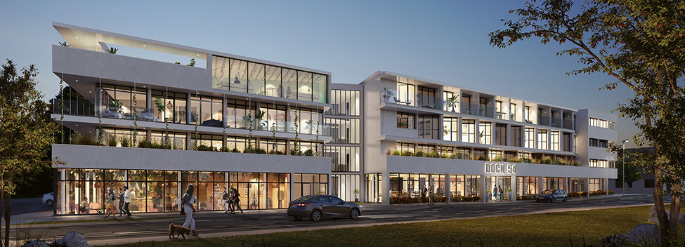 Perspective soirée côté rue de la résidence Dock 54 à La Rochelle Perspective soirée côté rue de la résidence Dock 54 à La Rochelle