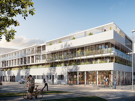 Perspective côté rue de la résidence Dock 54 à La Rochelle Perspective côté rue de la résidence Dock 54 à La Rochelle