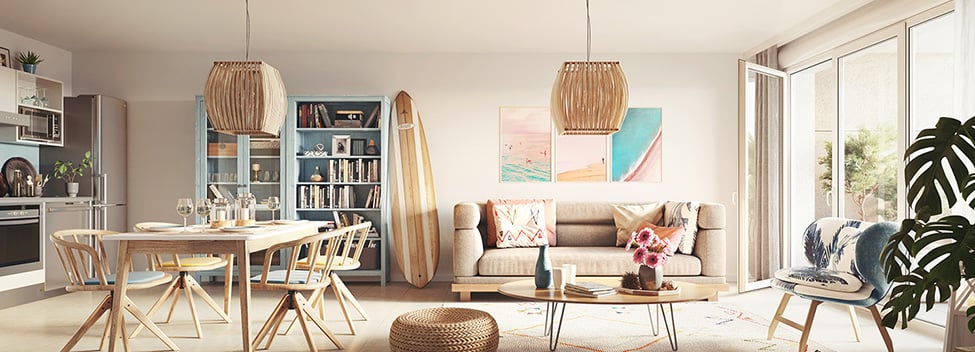 Perspective intérieure d'un appartement de la résidence Hibiscus
