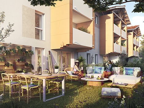 Perspective côté jardin d'un appartement de la résidence Hibiscus