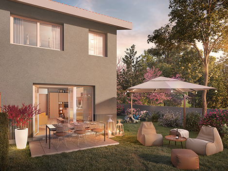 Perspective côté jardin d'une villa de la résidence Les Jardins de Marguerite