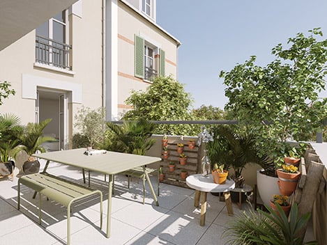Perspective de la terrasse d'un appartement de la résidence Pavillon Garnier à Châtenay-Malabry (92)