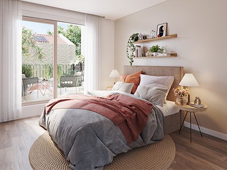 Perspective de la chambre d'une villa de la résidence Les Villas Agustina