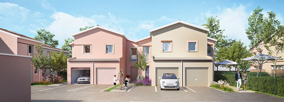 Perspective côté entrée de deux villas de la résidence Les Villas Joan