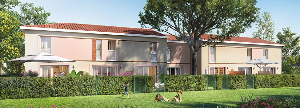 Perspective côté espaces verts de la résidence Les Villas Joan